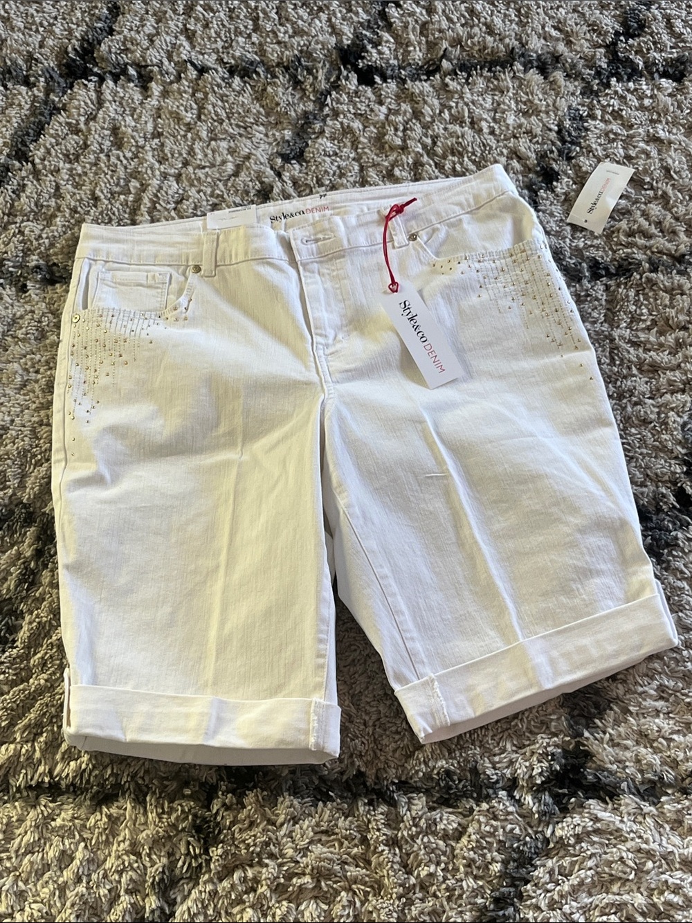 Style & Co. Denim White Rhinestone Embellished Bermuda Shorts NWT Size 14 - Picture 2 of 7